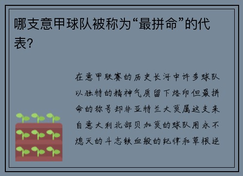 哪支意甲球队被称为“最拼命”的代表？